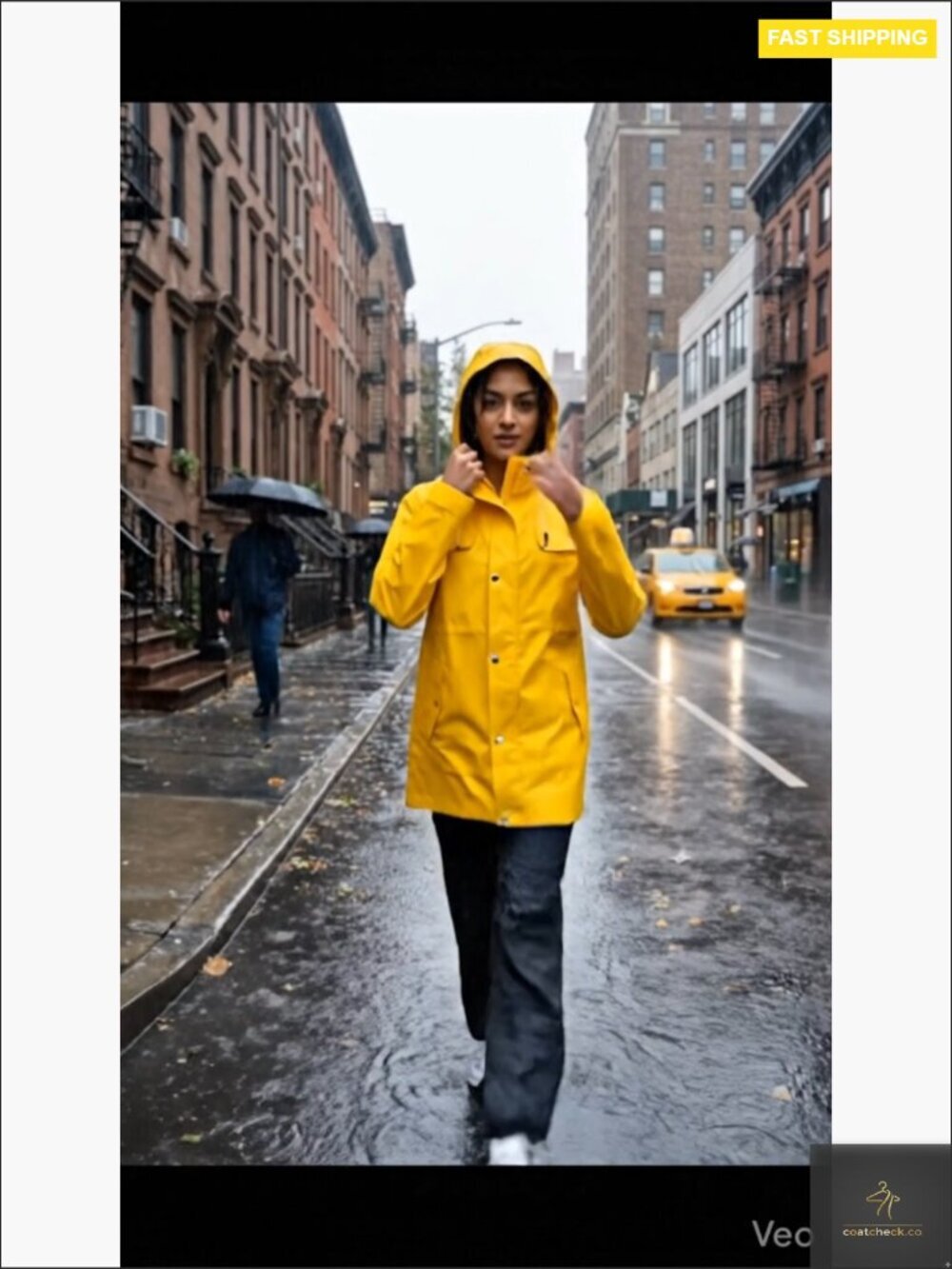 Waterproof Long Hooded Rain Jacket Windbreaker Trench Coat with Adjustable Waist - Picture 7 of 7